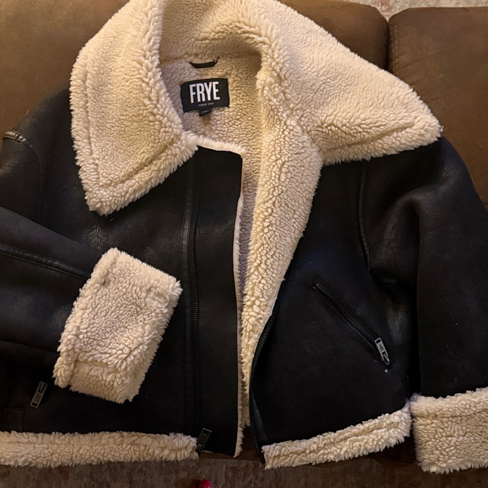Frye Black Leather Teddy Aviator Jacket with Cream Sherpa